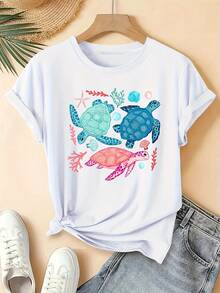 Women's Plus Size Short Sleeve T-Shirt - Cute Turtle Print In Orange/Turquoise/Pink - Short Sleeve T-Shirt For Casual Everyday Wear And Beach Holidays - Sizes 1XL-5XL - Machine Washable Summer T-Shirt, Marine Themed Clothing, Vibrant Casual Wear, Loose Fit, Stretchy Fabric. - 白色 - 查看 6