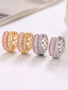 2 pièces Boucles d'oreilles géométriques en forme de U avec incrustation de zircone cubique en cuivre, convenant aux femmes, douces et lumineuses, adaptées pour les rendez-vous, un cadeau idéal pour la Saint-Valentin pour la petite amie, un accessoire de design unique et de niche, également un excellent cadeau pour les meilleures amies - Géométrique - Voir 2