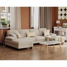 Sofás Seccionales Furmax para Sala de Estar, Sofá en Forma de U con Tela de Lino, Conjunto de Sofá de 4 Plazas con Doble Chaise Longue para Apartamento (Tela, Gris) - Beis - Ver 8