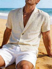 Men's Solid Color Lapel NeckShort Sleeve Casual Linen Shirt - Apricot - View 2