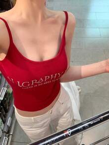 女士性感字母印花加垫吊带背心 - 紅色 - 查看 3