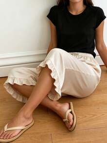 Women's Beige Satin Ruffle Hem Capri Pants, Elastic Waist Drawstring Wide Leg Cropped Trousers - Beige - View 2