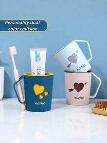 Custom Engraved Contrast Color Mouthwash Cup With Handle, Personalized English Customization, Couple Style Double-Sided Pattern + Hanging Handle, Anti-Drop Plastic Mouthwash Cup - Multicolor - View 4