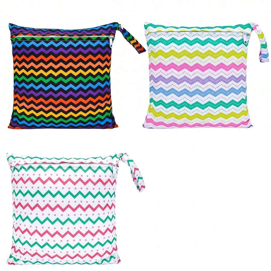 3pcs Cartoon Print Waterproof Wet Bag, 28x30cm Single Zipper Reusable Storage Bag, Suitable For Cloth Diapers, Baby Swimwear And Wet Clothes, With Handle Design For Travel, Beach, Gym - Multicolor - View 1