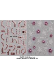 QIANJIKU 2片装5D立体浮雕复古宫廷风美甲贴纸 - 玫瑰金边框搭配紫色3D立体花卉美甲贴花,适合婚礼、派对、日常奢华DIY美甲装饰 - 彩色 - 查看 7