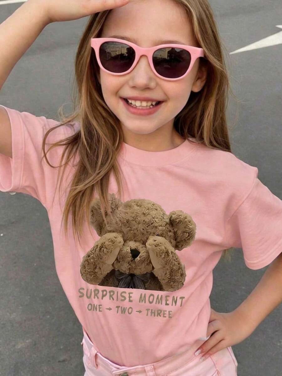 Tween Girls Casual Minimalist Cartoon Bear Graphic Slogan Print Crew Neck Pullover Short Sleeve T-Shirt, New Spring/Summer Edition - Pink - View 1