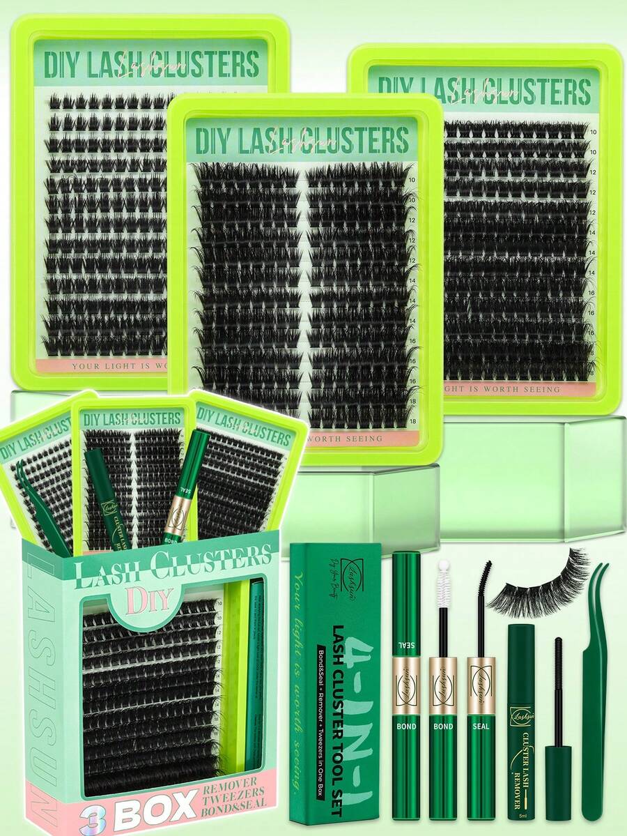 Lashsun Kit de 640 piezas de racimos de pestañas D Curl Cat/Mega/Volume, 3 cajas de pestañas en un kit, kit con pegamento y removedor, pinzas para principiantes y expertos, DIY en casa fácilmente, pestañas de racimo suaves y cómodas fáciles de aplicar para maquillaje de uso diario - Negro - Ver 1