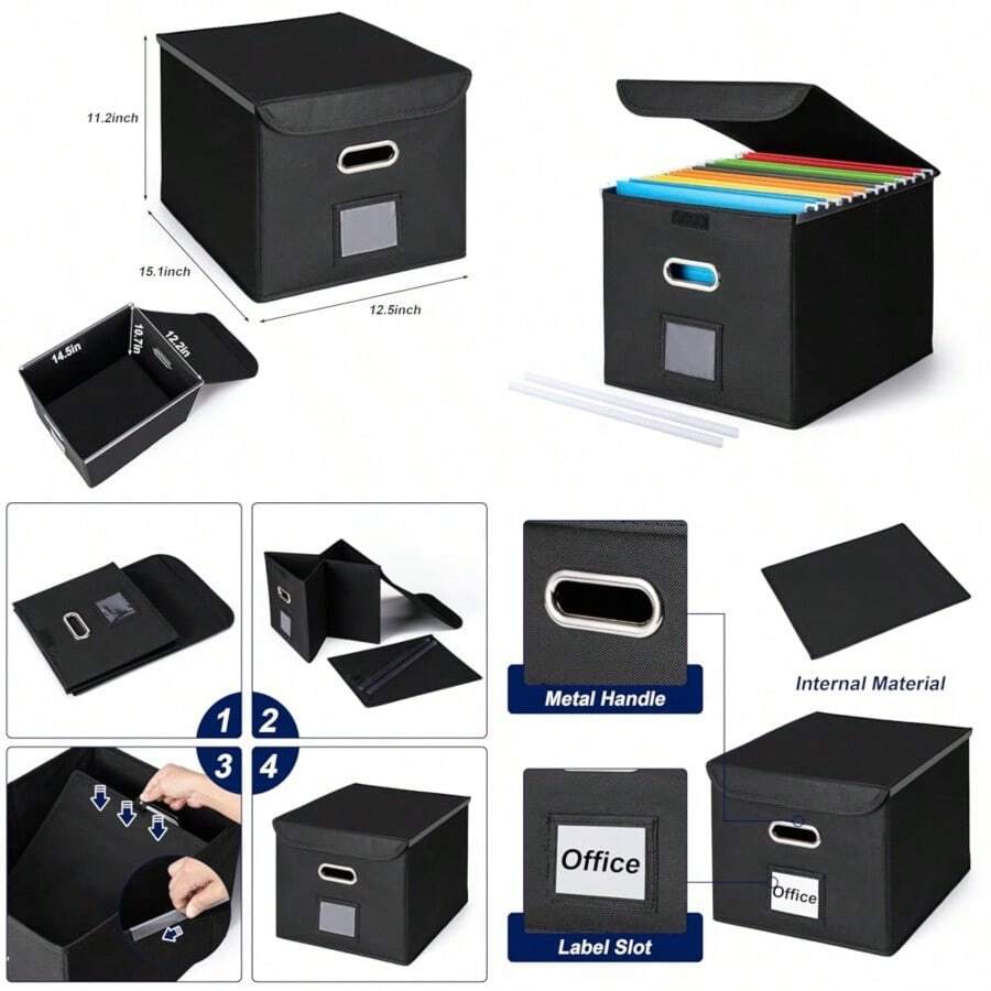 CADONO - Caja organizadora de archivos con tapa organizador grande para colgar archivos con diapositiva de plástico cajas de almacenamiento plegables portátiles para oficina decoración/hogar - negro - Ver 1