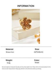 1pc Pastoral Fresh Style Raffia Flower Open Ring, Women's Versatile Khaki Jewelry For Travel And Commute - Khaki - View 7