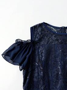 優雅蕾絲拼接拉鍊荷葉邊裙襬伴娘禮服，適合秋季婚禮 - 藏蓝色 - 查看 4