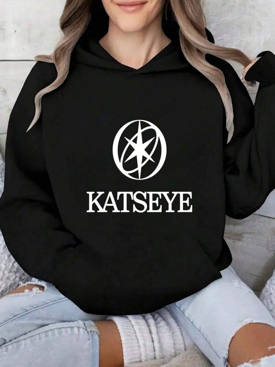 Women's KATSEYE Printed Hoodie - Loose Casual Long Sleeve Pullover With Pockets, All-Season Black And White Street Style, Machine Washable Comfortable Fashionable Top, Women's Winter Clothing, Fitness Wear, Women's Christmas Outfit, Gothic Christmas Outfit, Women's Autumn Clothing, Hoodie, Women's Sweatshirt - màu đen - Xem 1