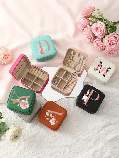 1pc Pink Rose Jewelry Box, Fashion Travel Jewelry Box, Rose Gold Letter, Personalized Travel Jewelry Box Gift, Birthday Gift, Christmas Gift, Girl Gift, A-Z Letter Travel Jewelry Box