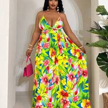 Veslaya Spring/Summer New Arrival Daily Wear, Birthday, Casual, Vacation, Beach, Travel, Tropical Floral Print High Waist A-Line Sleeveless Plus Size Dress,Beach Dress Sundress,Holiday Outfits Boho - Multicolor - Ver 7