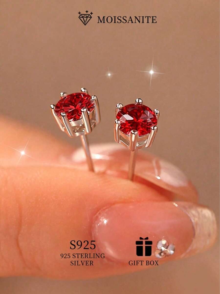 Bông tai bạc 925 đính đá Moissanite 0.5CT-1CT dành cho nữ - Đá Moissanite tròn màu trắng và đỏ - Kiểu dáng thời trang, thanh lịch, dễ thương, cổ điển với 6 chấu - Thích hợp làm quà tặng Ngày Valentine, Ngày của Mẹ, cho vợ, bạn gái, mẹ - Kèm chứng nhận Moissanite. - Phô mai Mozzarella đỏ - Vàng trắng - Xem 1