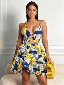 2026 Spring New Women's Clothing  European And American Cross-Border Dress Sexy Hollow Out Halter Neck V-Neck Tiered Dress - 藍黃色 - 查看 10