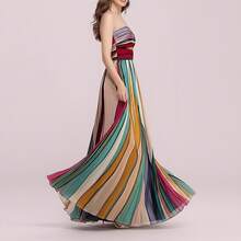 Multicolor Pleated Strapless Maxi Dress With Colorful Stripes, Summer Casual Holiday Formal Evening Dress Wedding Guest Outfit - Image Color - View 5