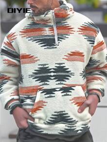 Men's Geometric Pattern Zip Collar Pocket Short Jacket, Boyfriend Gift, Warm Sweatshirt For Autumn/Winter - Multicolor - View 5
