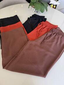 Set Of 3 Women's Wide-Leg Pants Duna High-Waisted Basic Casual Dressy Elegant Comfortable Summer Work - 赤陶色/黑色/棕色 - 查看 1