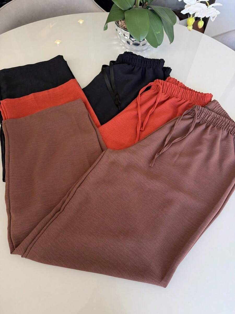 Set Of 3 Women's Wide-Leg Pants Duna High-Waisted Basic Casual Dressy Elegant Comfortable Summer Work - 赤陶色/黑色/棕色 - 查看 1
