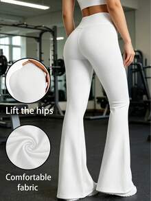 Pantalones de campana elásticos de cintura alta para mujer, con caída fluida de longitud completa, que realzan abdomen y glúteos, ideales para yoga diario. - BLANCO - Ver 5