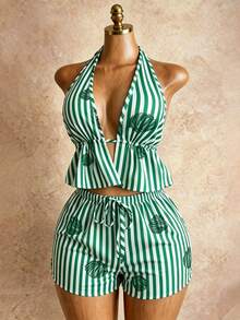 女士新款度假卡其色和白色条纹亚麻深V领系带露背吊带背心和低腰抽绳宽松休闲沙滩短裤，优雅 - 綠色 - 查看 3