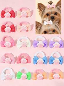 4/10pcs Pet Cat Paw & Bow Hair Ties, Small Dog Hair Accessories, Cat Hair Clips - Multicolor - View 2
