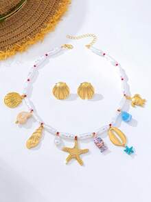 Bộ 3 món kiểu dáng đại dương, đính ngọc trai, hình sao biển, vỏ sò, rùa, cua, mặt dây chuyền bằng kim loại, thích hợp cho nữ giới đeo hàng ngày và trong kỳ nghỉ hè. - Vàng - Xem 5