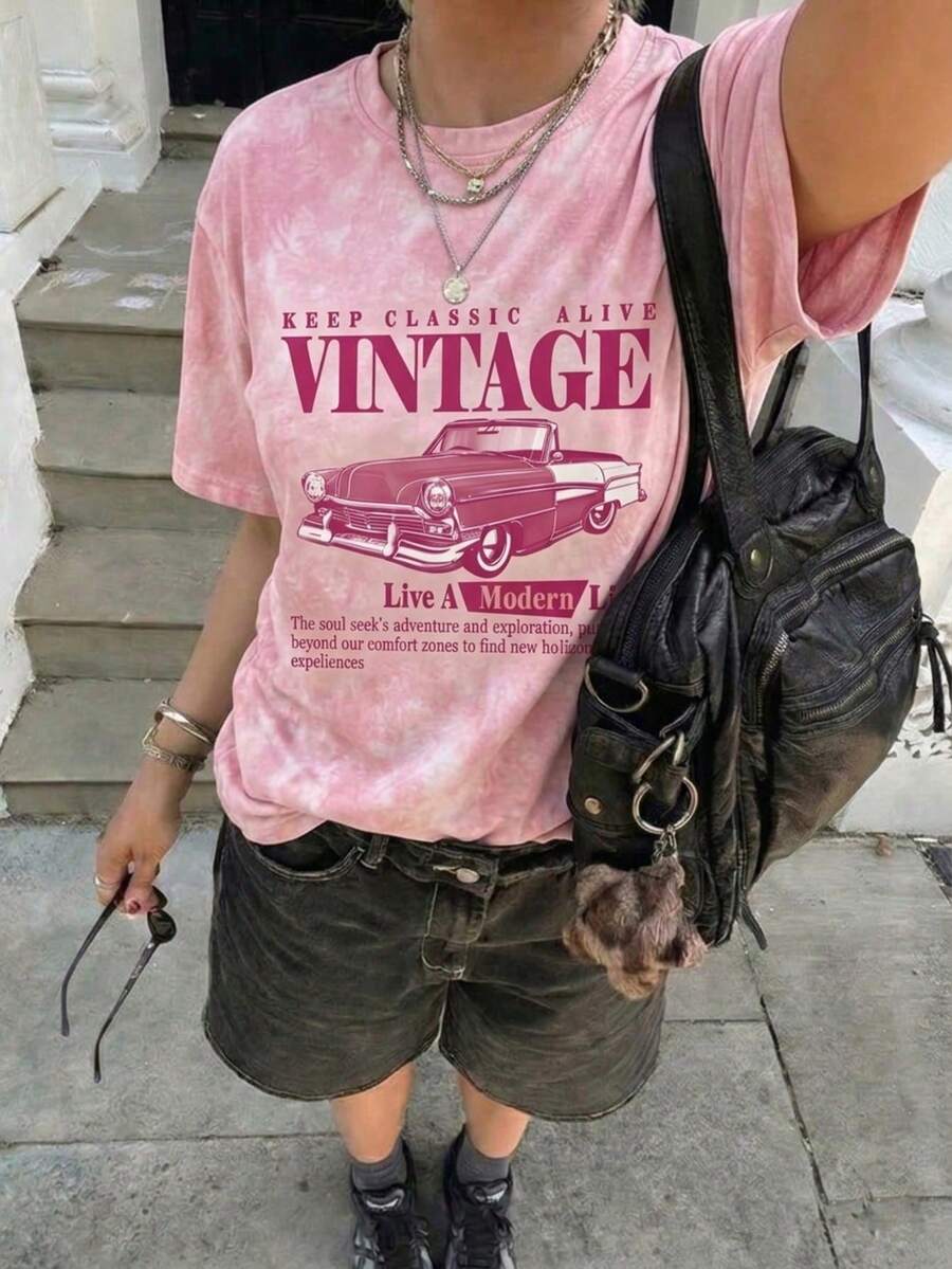 水洗黑經典汽車圖案T恤，Y2K寬鬆街頭風T恤，「Keep Classic Alive」復古標語休閒上衣，適合汽車愛好者