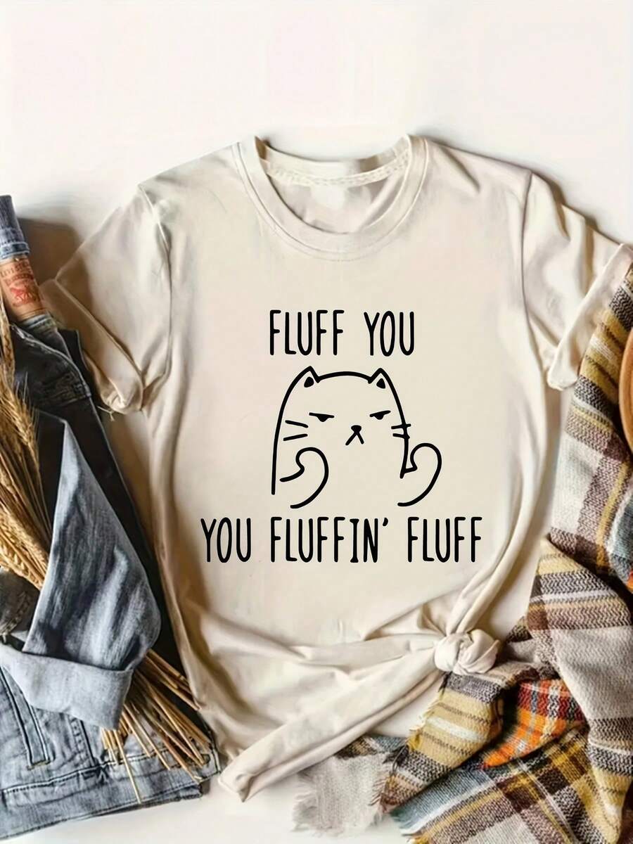 Plus Size Short-Sleeved T-Shirt With Round Neck And FLUFF YOU Letter Print. - 杏色 - 查看 1