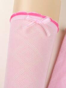 2 Pairs Solid Color Girls' Knee-High Socks, Ribbon Bow Decor, Textured Fabric, Breathable & Absorbent, Minimalist Princess Style, Suitable For 3-8 Years Old, Multi-Occasion - Multicolor - View 8