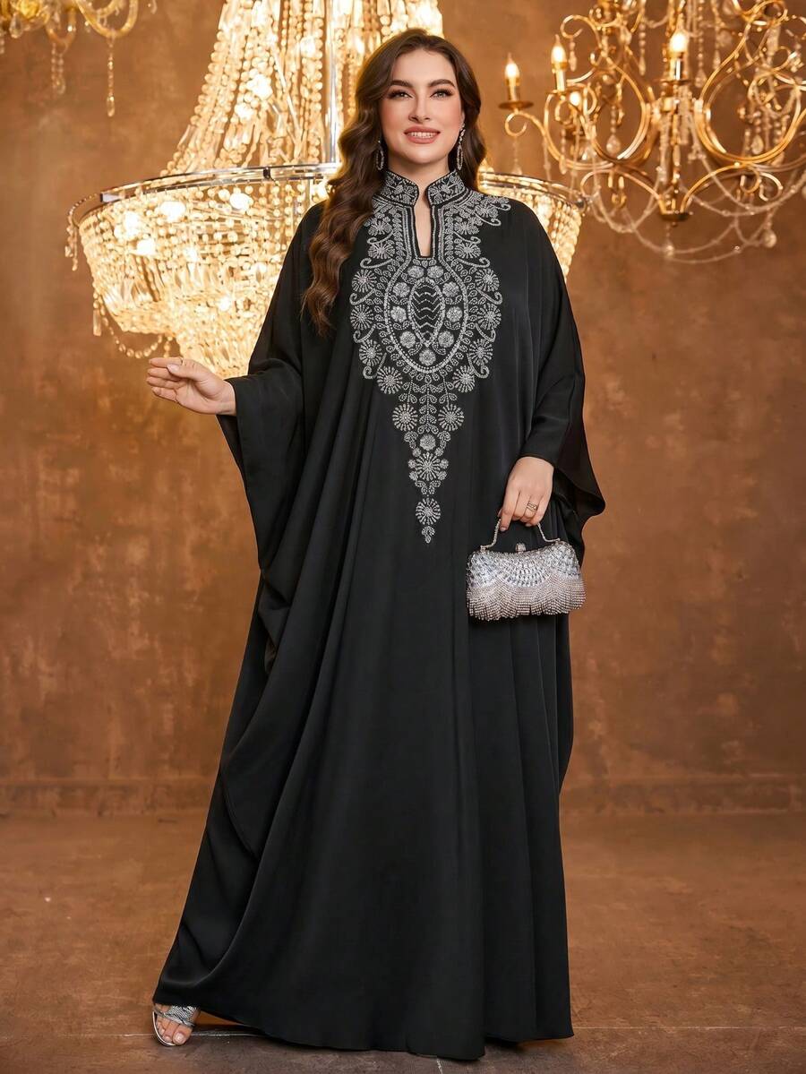 Đầm dạ hội maxi dài tay cổ tàu bằng satin ren ôm dáng dành cho nữ UNITHORSE - màu đen - Xem 1