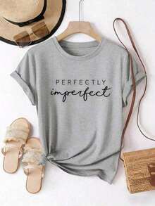1 Piece Of Women's Short-Sleeve Crew Neck T-Shirt With "Perfectly Imperfect" Letter Print, Basic Summer Cotton-Blend T-Shirt, Casual Style, With Minimalist Black And White Lettering, Soft Graphic Tee For Everyday Wear On The Street And In The Office. Women's Short-Sleeve T-Shirt With Letter Print And Crew Neck, Everyday Casual Wear, 180g 100% Cotton. - 黑色 - 查看 11
