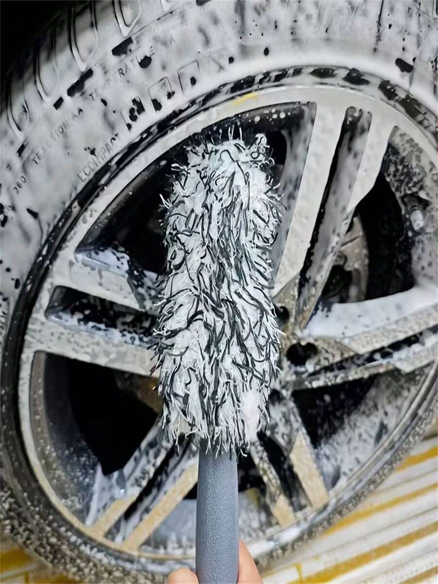 1件裝超細纖維長柄汽車輪胎刷，輪胎刷、汽車輪轂刷、輪圈清潔刷、手持式洗車刷、美容刷、清潔工具，輕量聚酯輪圈清潔工具，輪胎保養配件