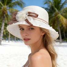 Women Organza Sun Hat Vintage Wide Brim Summer Hat With Pearls And Flowers Beach Visor Caps For Seaside Party - 白色 - 查看 7