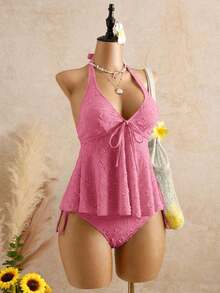 2026 Bellisia Vestido elegante de mujer con estampado de lunares, tela texturizada, camisola relajada para vacaciones, bikini amarillo tipo tankini para playa.Conjunto de playa de mujer para verano 2026, temporada de graduación, boda, regreso a clases, Pascua.Camisola de verano casual y linda, con textura de punto, detalles de volantes, en estilo dulce, romántico y campestre. - Albaricoque - Ver 5
