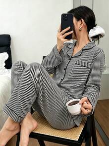Dreamivo 两件套女士黑白条纹印花翻领口袋长袖纽扣上衣和裤子睡衣套装，适合居家穿着 - 黑色 - 查看 1