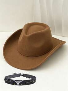 1 Stück universeller Cowboyhut aus Polyesterfaser für Herren und Damen - sein Merkmal ist ein abnehmbares Rindslederband als Dekoration, der sich sehr gut für Reiten, Outdoor-Reisen, Cowboy-Partys und den täglichen Gebrauch eignet. - Herzförmiger schwarzer Lederhut mit Stierkopf - Übersicht 7
