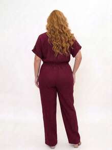 Women's Plus Size Casual Shirt And Pants Set - 酒紅色 - 查看 8
