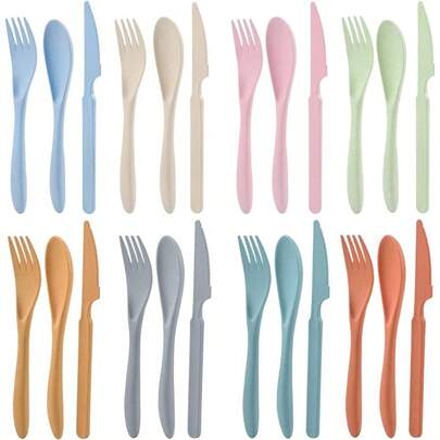 8-Person Wheat Straw Cutlery Set Reusable Knives Spoons Forks Flatware For Parties Travel Work Picnic Camping