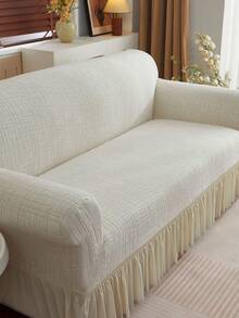 1pc Plush Checkered Jacquard Skirt Edge Stretch Sofa Cover, Dust-Proof And Dirt-Resistant, Elastic Full Coverage Sofa Protector, Home Decor, Machine Washable, Pillow Cover Not Included - White - View 10