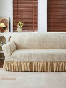 1pc Plush Checkered Jacquard Skirt Edge Stretch Sofa Cover, Dust-Proof And Dirt-Resistant, Elastic Full Coverage Sofa Protector, Living Room Home Decor, Machine Washable, Pillow Cover Not Included - Beige - View 1