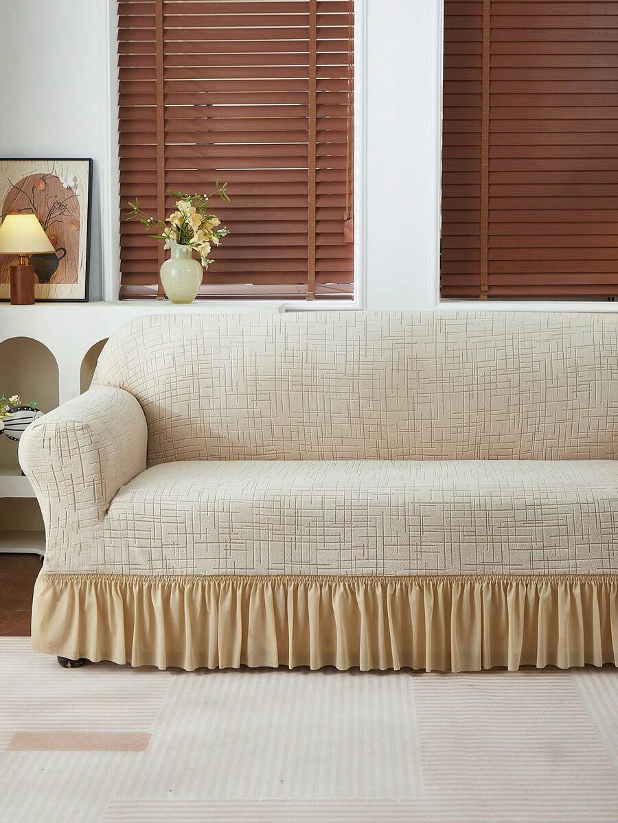 1pc Plush Checkered Jacquard Skirt Edge Stretch Sofa Cover, Dust-Proof And Dirt-Resistant, Elastic Full Coverage Sofa Protector, Living Room Home Decor, Machine Washable, Pillow Cover Not Included - Beige - View 1