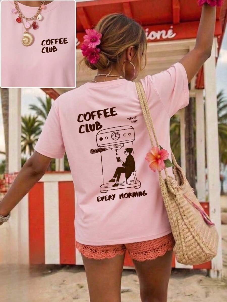 Áo thun ngắn tay nhẹ, thoải mái, mềm mại, phù hợp mặc cả ngày, in hình đồ họa "Coffee Club" theo phong cách đường phố INS Pinterest, màu hồng, kiểu dáng thường ngày. - Hồng - Xem 1