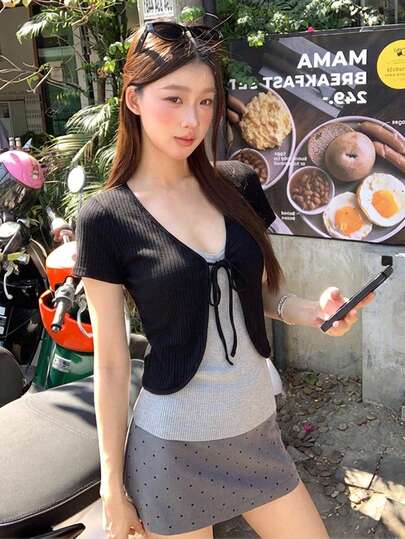 Áo khoác cardigan nữ màu trơn tay ngắn dáng ôm thoải mái có dây buộc, thích hợp cho mùa xuân/hè.