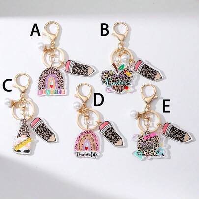 1 chiếc móc khóa trang trí hình bút chì vằn, ngọc trai nhỏ, trái tim cầu vồng, quả táo, thước kẻ lùn và giấy ghi chú, quà tặng cho giáo viên và bạn bè.