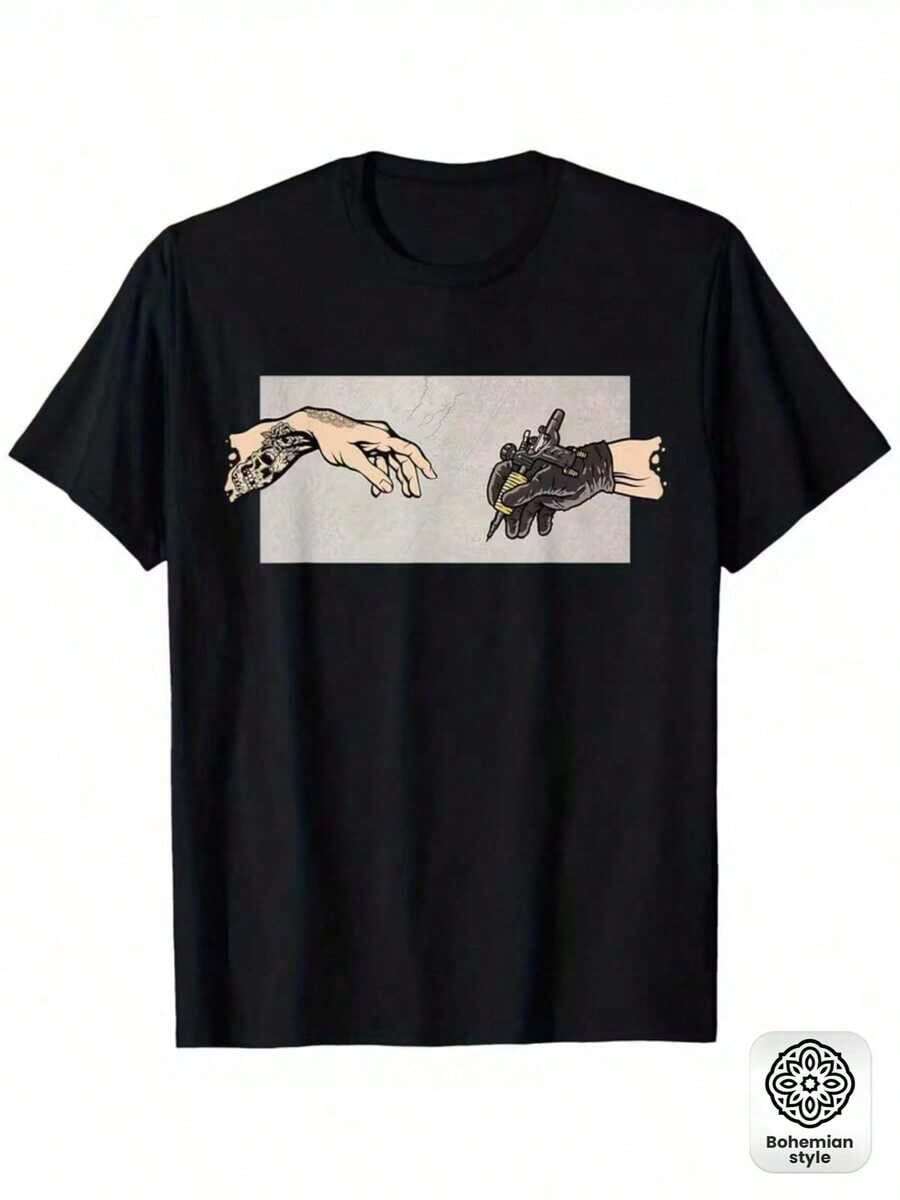 Men's Black Printed T-Shirt - Tattoo Artist Hand And Bird Design - Lightweight T-Shirt For Everyday Wear And Special Occasions - Machine Washable Casual T-Shirt, Suitable For Parties, Outdoor Activities, Bohemian Style, Breathable Fabric, Short Sleeve T-Shirt For Urban Style Lovers - 黑色 - 查看 1