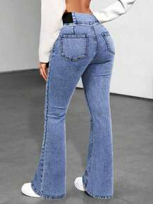 GILIPUR Pantalones vaqueros acampanados de talle alto estilo Y2K para mujer, pantalones vaqueros elásticos de ajuste ceñido de unicolor elegante, pantalones vaqueros lavados azules de estilo casual de calle - Azul - Ver 8