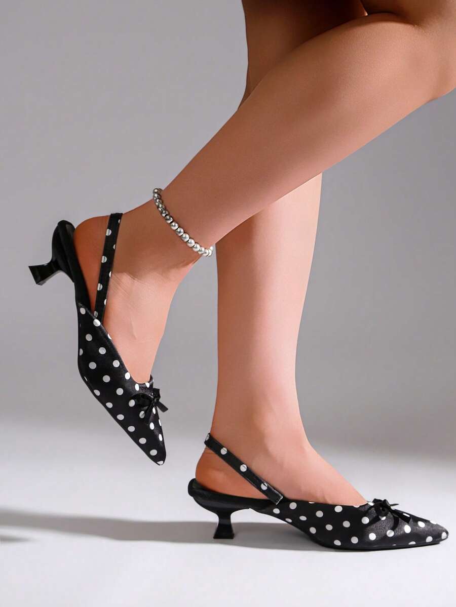 1 Pair Women's Retro Polka Dot Bow Decor Summer High Heel Sandals, Adjustable Elastic Elegant Pointed Toe Shoes Suitable For Party And Daily Wear