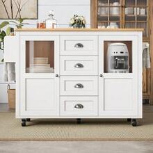 Kitchen Island, Kitchen Unit, Sideboard, 120x73(45)X93cm, Extendable Kitchen Trolley With Wheels, Towel Rack, Spice Rack, Adjustable Shelves, Two Doors, Four Drawers, White/Black - White - View 4