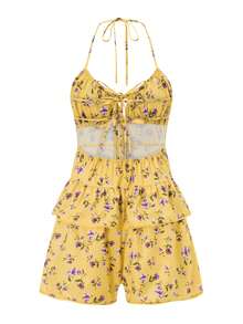 Womens Halter Neck Dress Front Back Tie Layered Floral Print Backless Short Dress - Amarillo - Ver 5